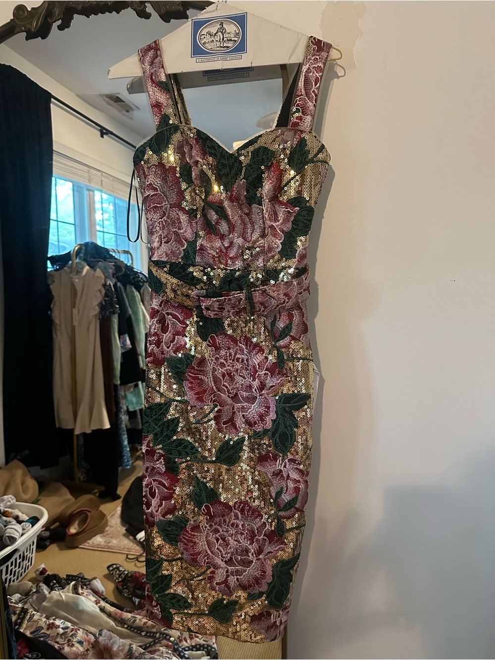 Dress the Population Sequined Floral Midi Dress in Green, Pink & Gold - Picture 2 of 4